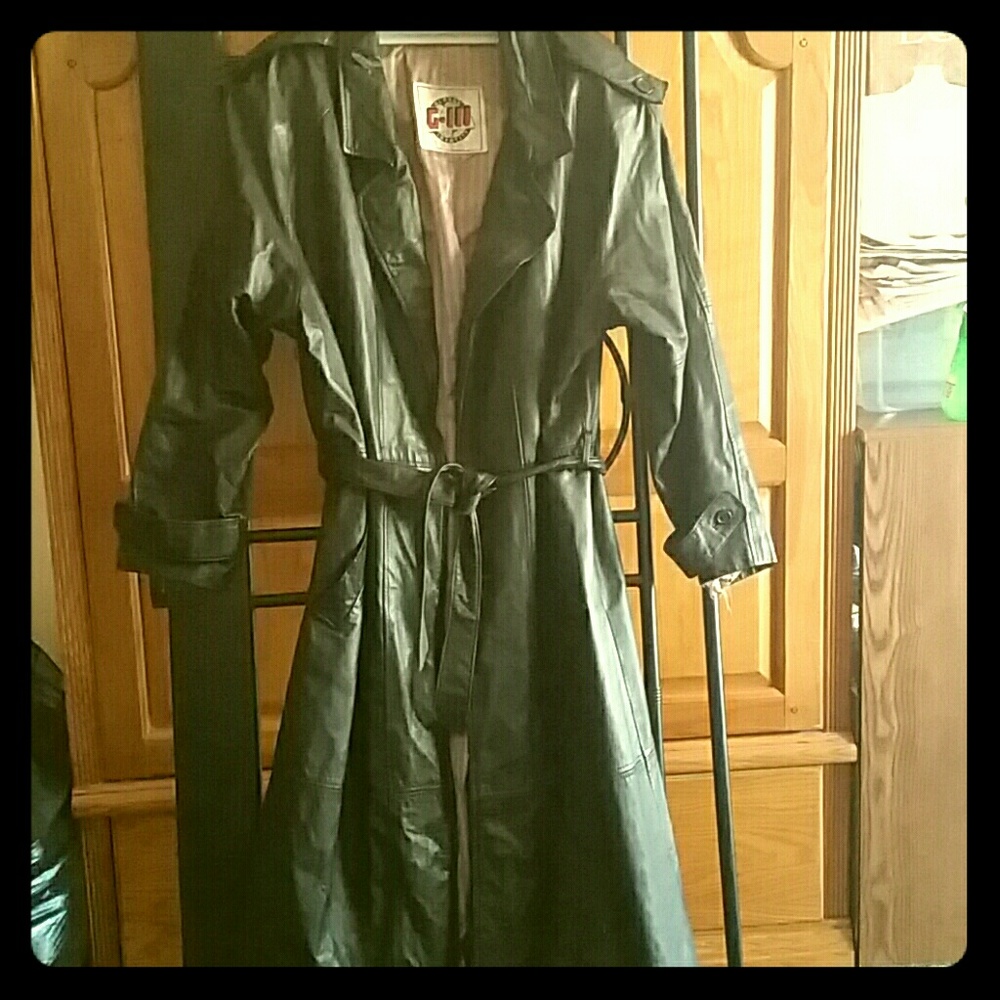 Vintage black leather trench... slightly worn